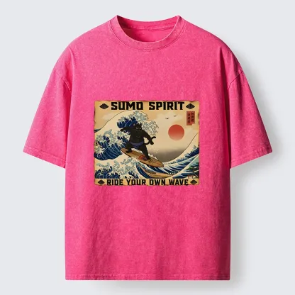 Tokyo-Tiger Sumo Cat Riding Its Own Wave Washed T-Shirt