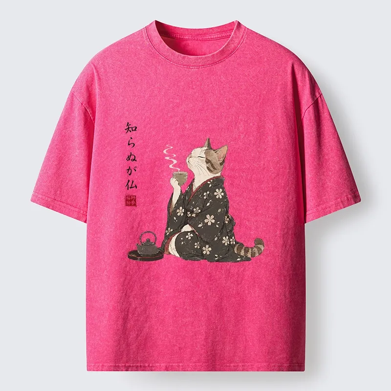 Tokyo-Tiger Zen Cat Drinking Tea In A Kimono Washed T-Shirt