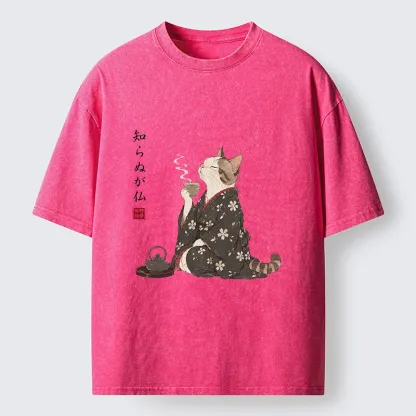 Tokyo-Tiger Zen Cat Drinking Tea In A Kimono Washed T-Shirt