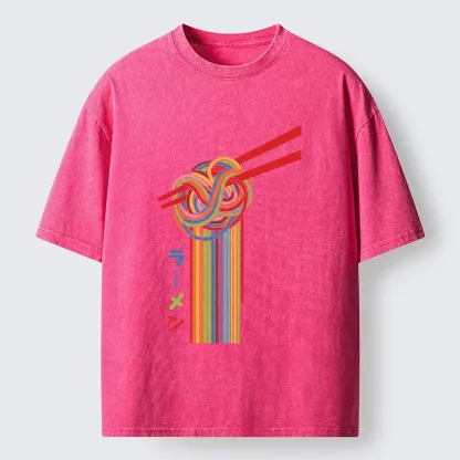 Tokyo-Tiger Colorful Noodles On Red Chopsticks Washed T-Shirt