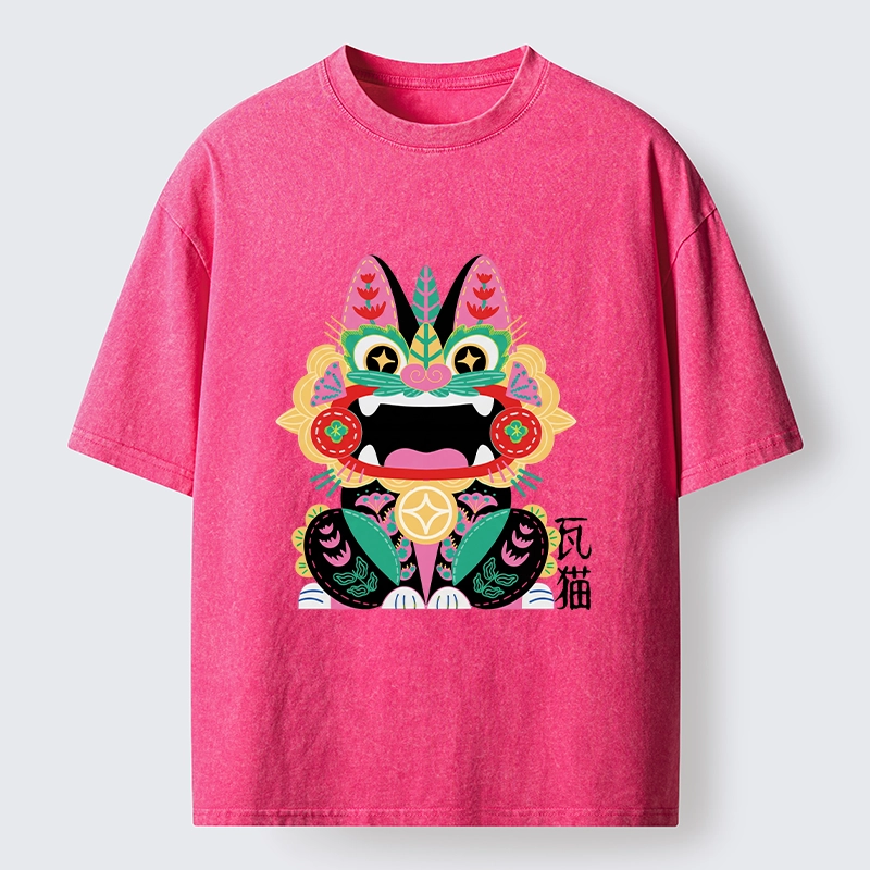 Tokyo-Tiger Colorful Meme Cat With Folk Style Washed T-Shirt