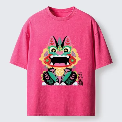 Tokyo-Tiger Colorful Meme Cat With Folk Style Washed T-Shirt