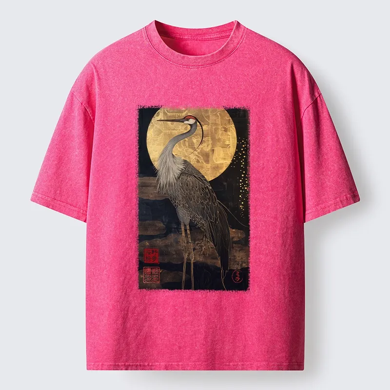 Tokyo-Tiger Golden Crane Under The Full Moon Washed T-Shirt Sale