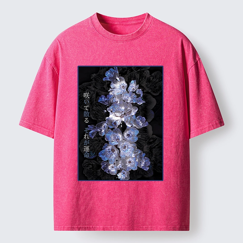 Tokyo-Tiger Glowing Blue Flowers In The Dark Washed T-Shirt
