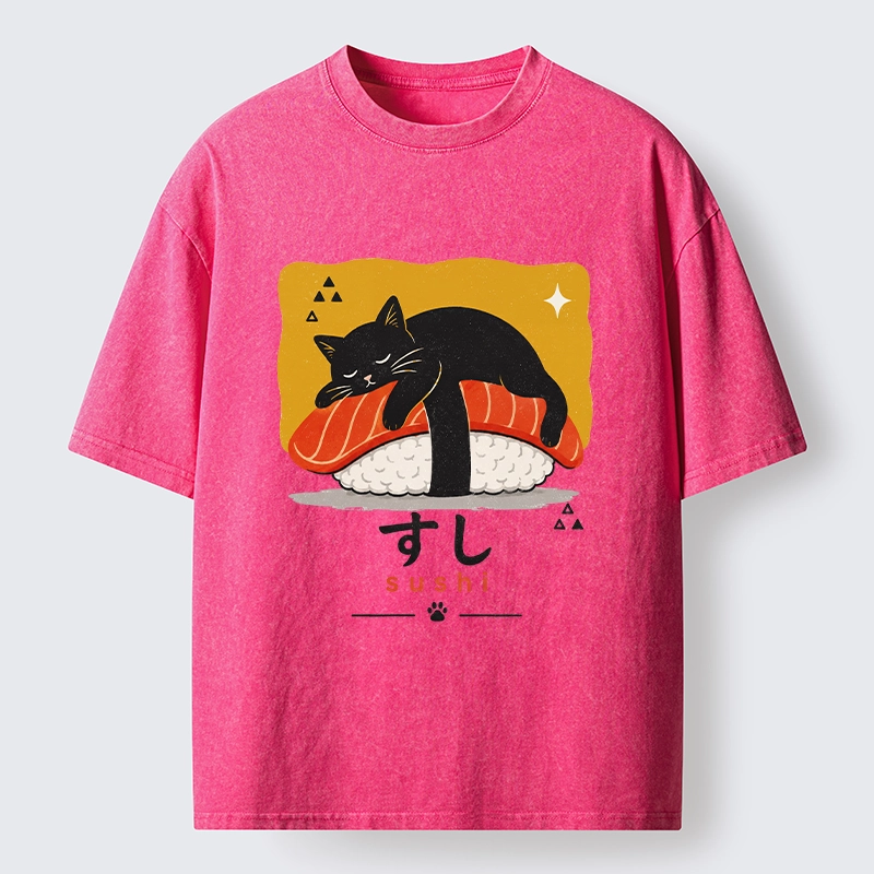 Tokyo-Tiger Black Cat Napping On Salmon Sushi Washed T-Shirt