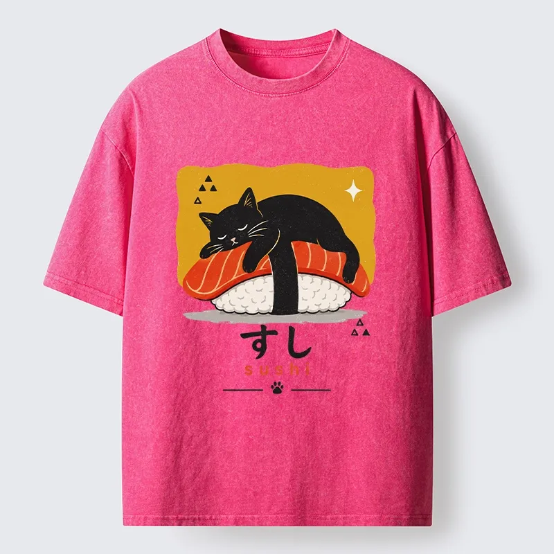 Tokyo-Tiger Black Cat Napping On Salmon Sushi Washed T-Shirt