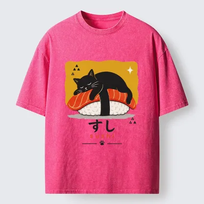 Tokyo-Tiger Black Cat Napping On Salmon Sushi Washed T-Shirt