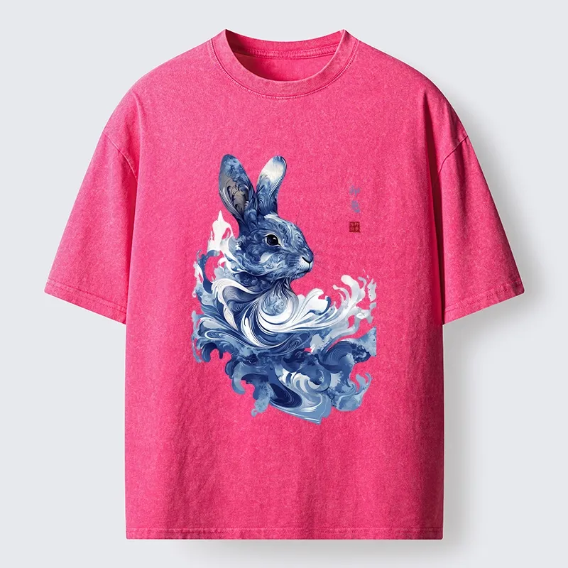Tokyo-Tiger Blue And White Rabbit Art Washed T-Shirt