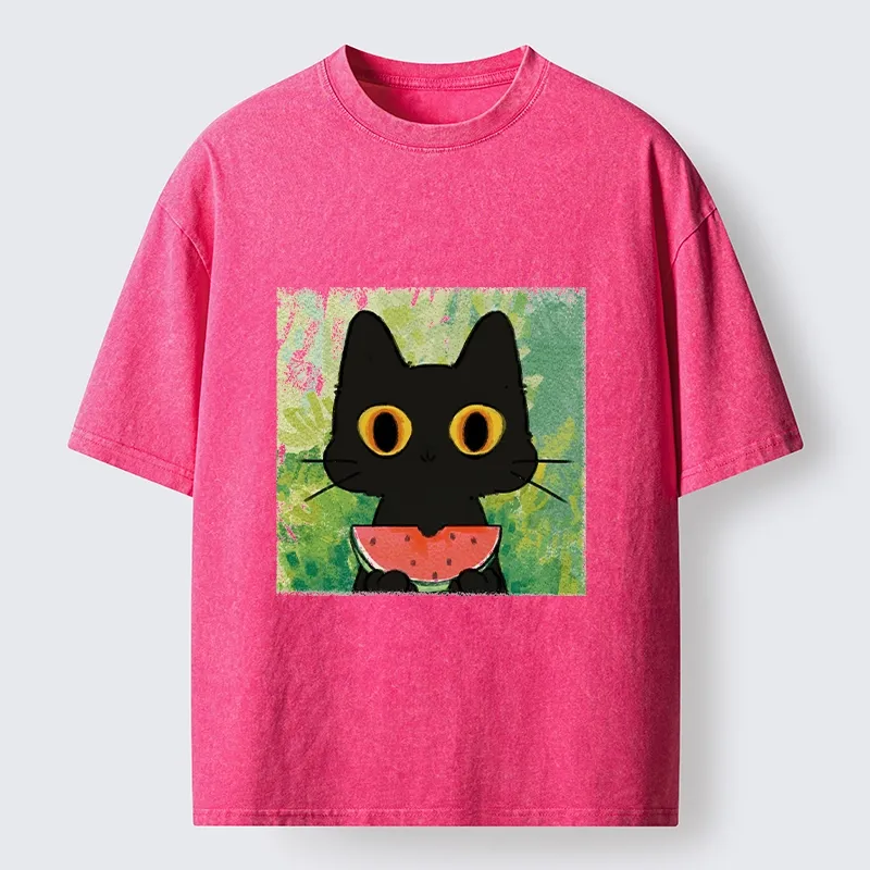 Tokyo-Tiger Black Cat Loves Watermelon Washed T-Shirt