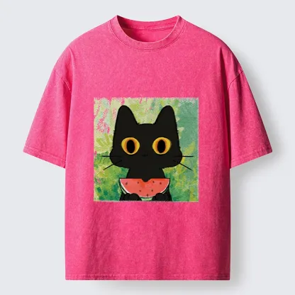 Tokyo-Tiger Black Cat Loves Watermelon Washed T-Shirt