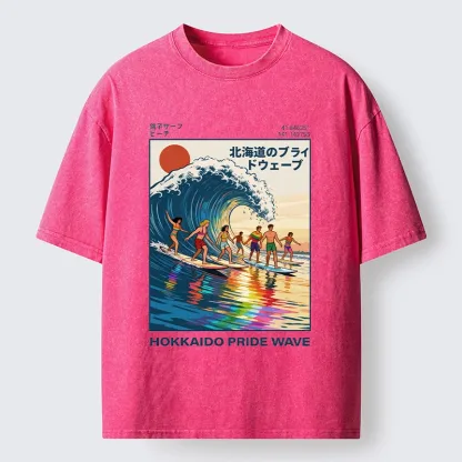 Tokyo-Tiger Hokkaido Pride Wave Surfing Fun Washed T-Shirt