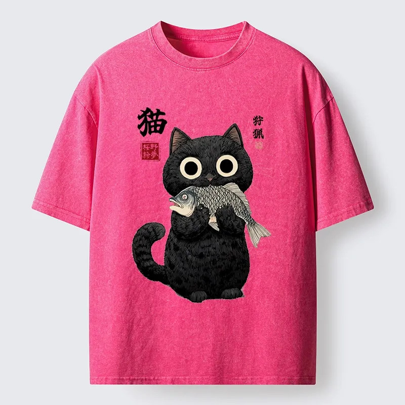 Tokyo-Tiger Black Cat Caught A Big Fish Washed T-Shirt
