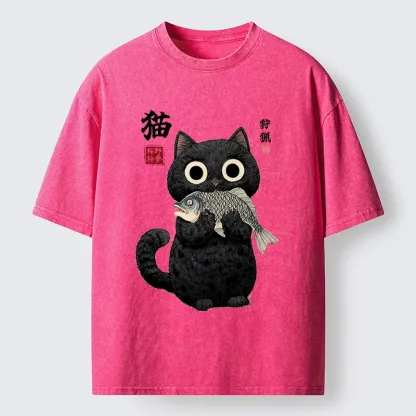 Tokyo-Tiger Black Cat Caught A Big Fish Washed T-Shirt