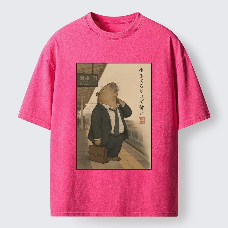 Tokyo-Tiger Funny Capybara Office Worker Meme Washed T-Shirt