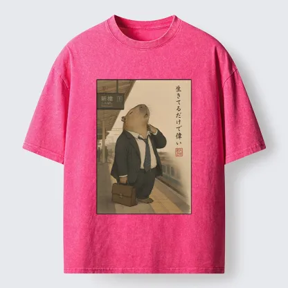 Tokyo-Tiger Funny Capybara Office Worker Meme Washed T-Shirt