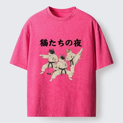 Tokyo-Tiger Funny Karate Cats Black Belt Meme Washed T-Shirt