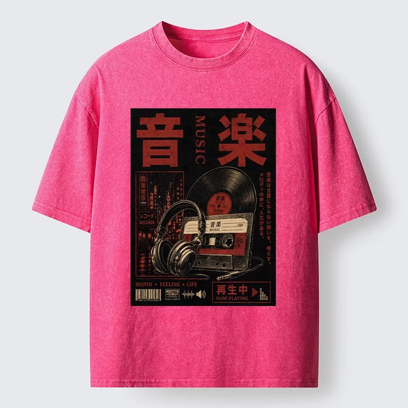 Tokyo-Tiger Retro Music Lovers Washed T-Shirt