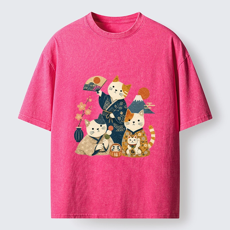 Tokyo-Tiger Lucky Cats Enjoying Traditional Japan Vibes Washed T-Shirt
