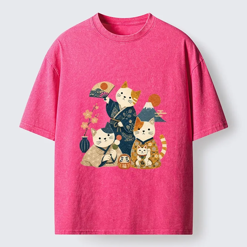 Tokyo-Tiger Lucky Cats Enjoying Traditional Japan Vibes Washed T-Shirt