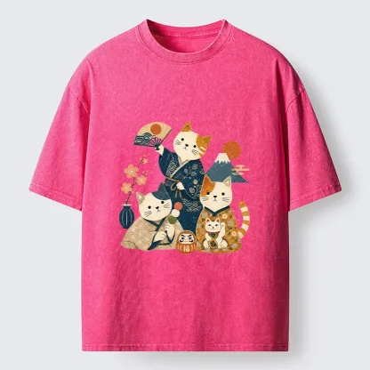 Tokyo-Tiger Lucky Cats Enjoying Traditional Japan Vibes Washed T-Shirt