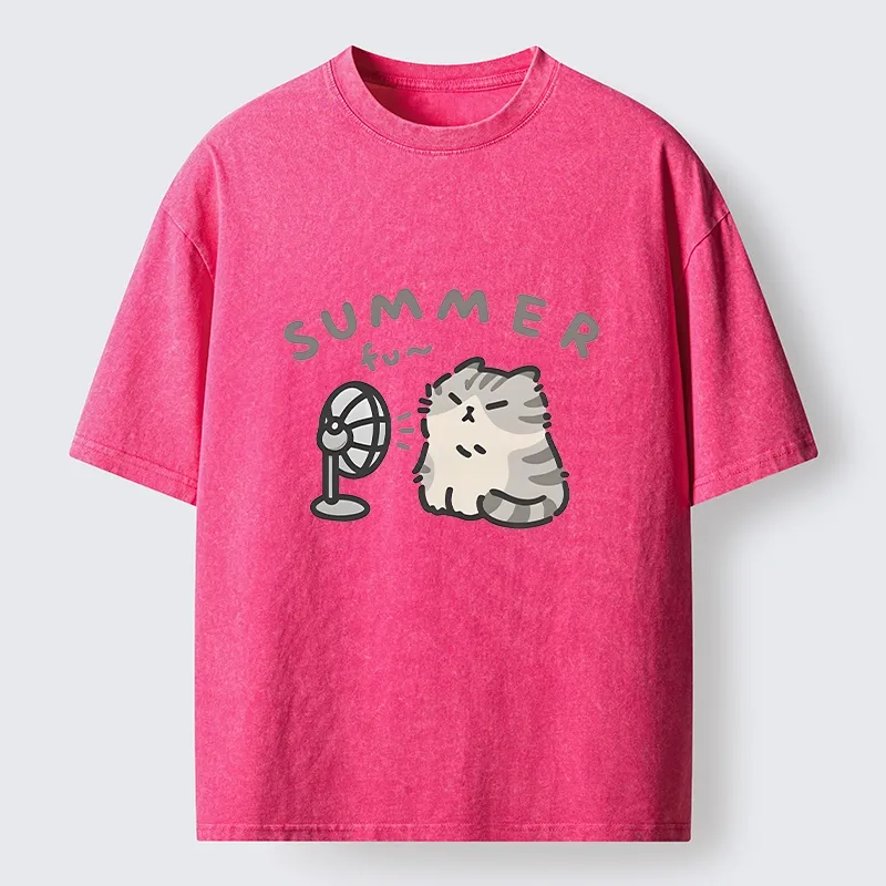 Tokyo-Tiger Summer Cat Chills With A Fan Washed T-Shirt