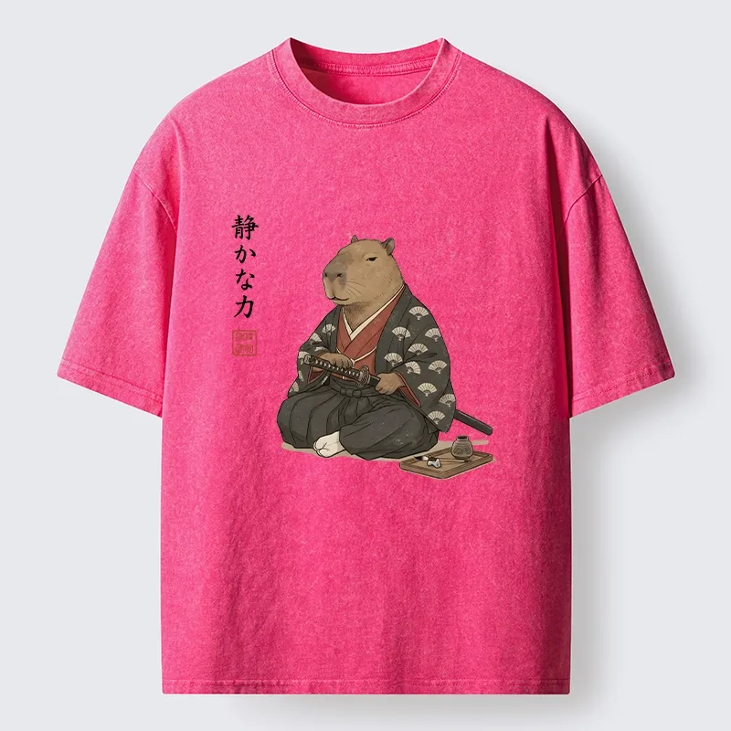 Tokyo-Tiger Calm Samurai Capybara With Katana Meme Washed T-Shirt
