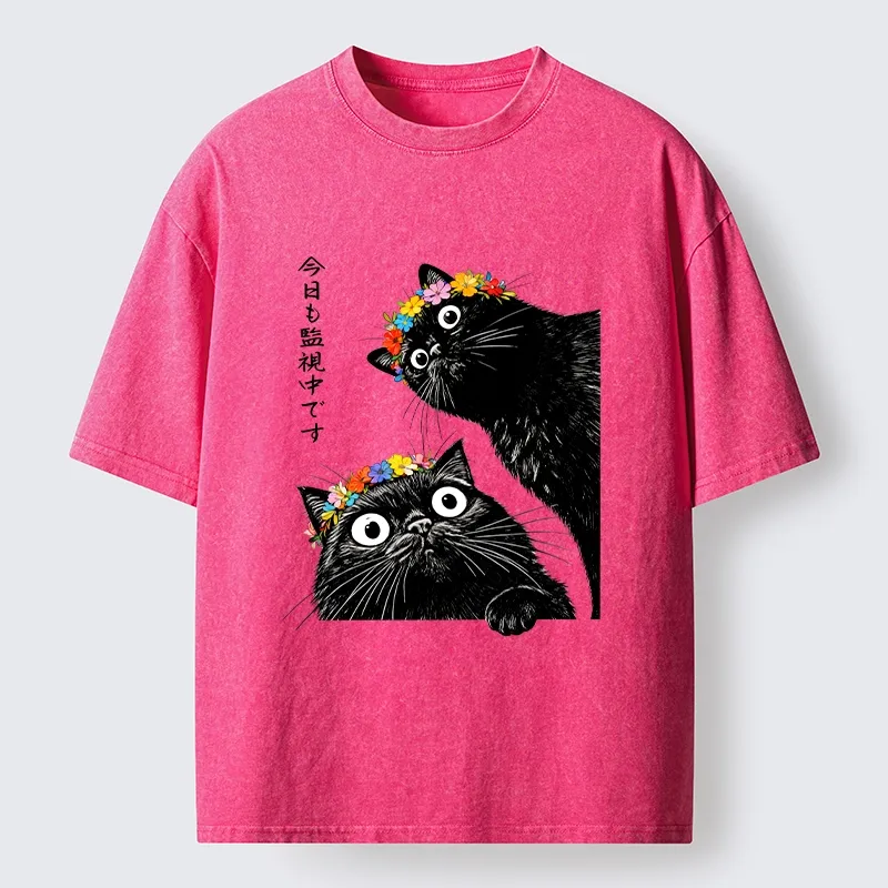 Tokyo-Tiger Flower Crown Black Cat Washed T-Shirt Sale
