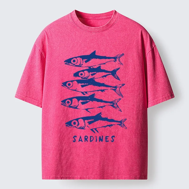 Tokyo-Tiger Blue And White Sardines Linocut Art Washed T-Shirt