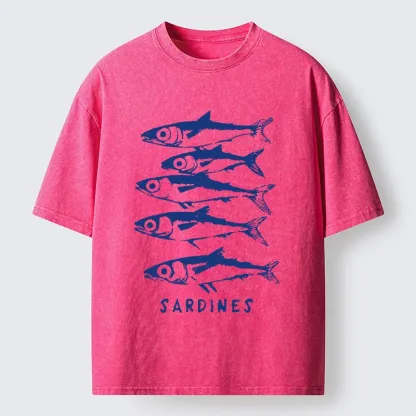 Tokyo-Tiger Blue And White Sardines Linocut Art Washed T-Shirt