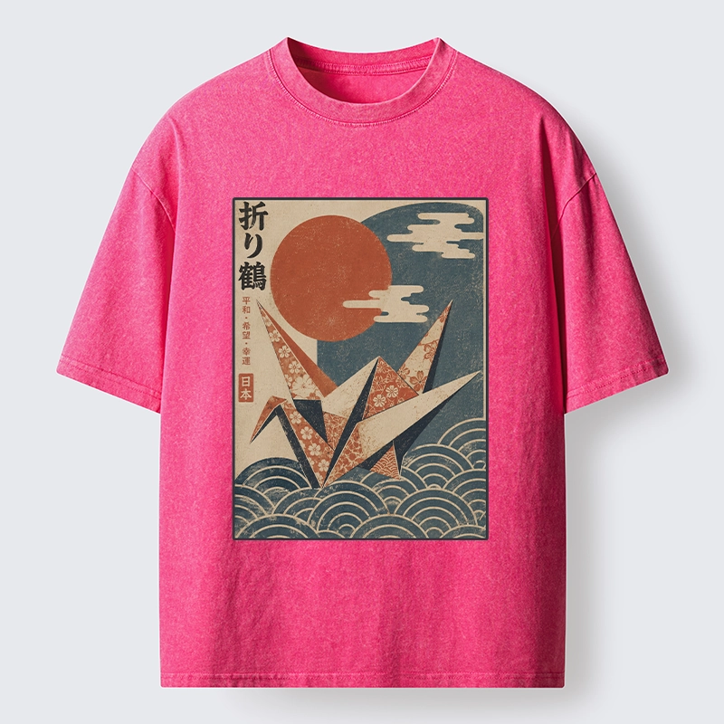 Tokyo-Tiger Japanese Origami Crane Vintage Print Washed T-Shirt