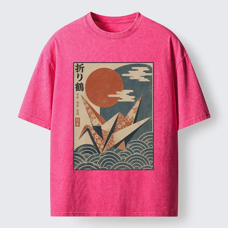 Tokyo-Tiger Japanese Origami Crane Vintage Print Washed T-Shirt
