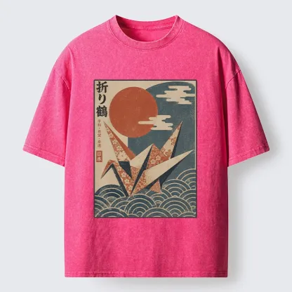 Tokyo-Tiger Japanese Origami Crane Vintage Print Washed T-Shirt