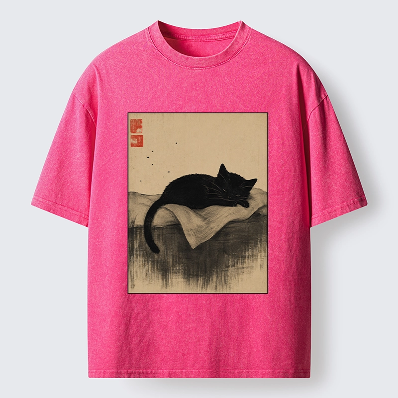 Tokyo-Tiger Sleeping Black Cat In Ink Wash Style Washed T-Shirt