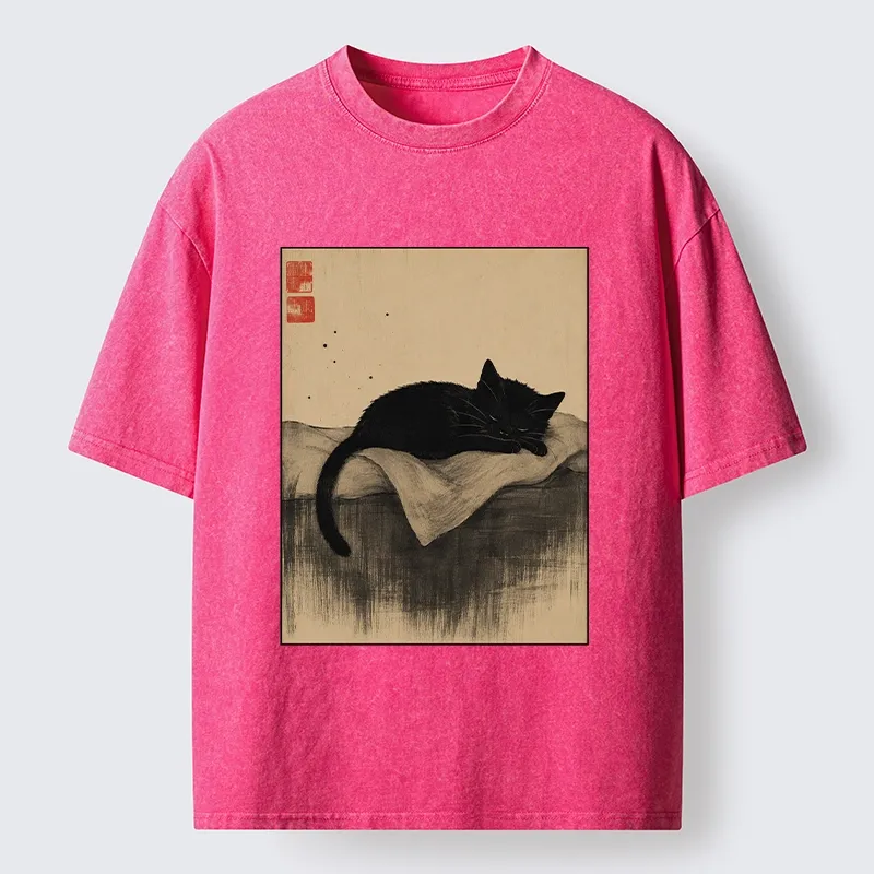 Tokyo-Tiger Sleeping Black Cat In Ink Wash Style Washed T-Shirt