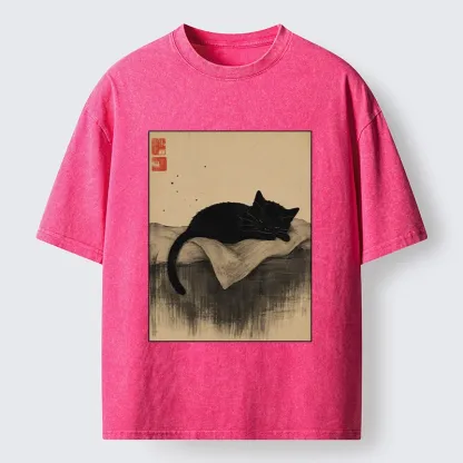 Tokyo-Tiger Sleeping Black Cat In Ink Wash Style Washed T-Shirt