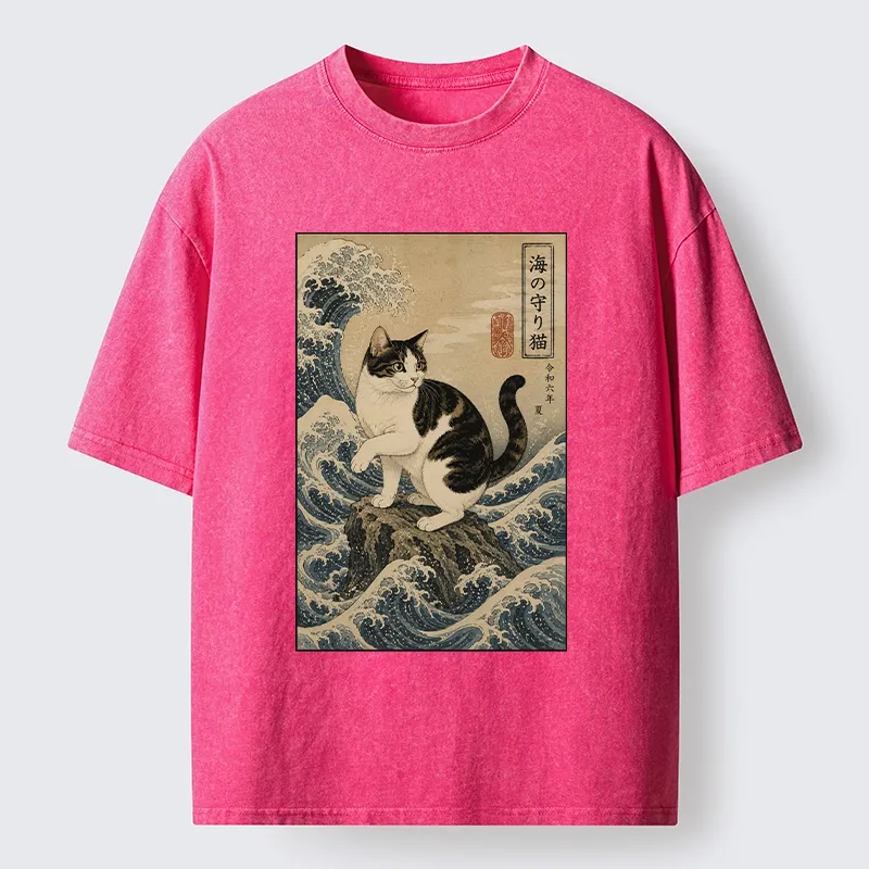 Tokyo-Tiger Sea Guardian Cat In Great Wave Art Washed T-Shirt