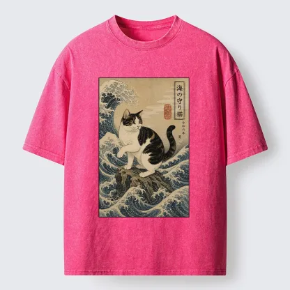 Tokyo-Tiger Sea Guardian Cat In Great Wave Art Washed T-Shirt