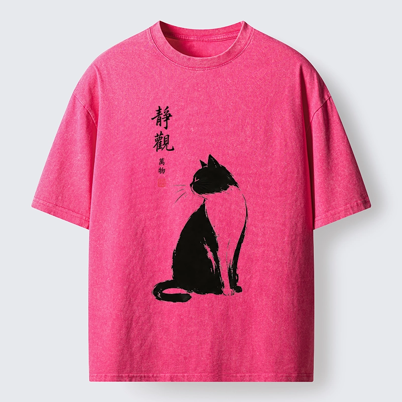 Tokyo-Tiger Calm Black And White Cat Washed T-Shirt