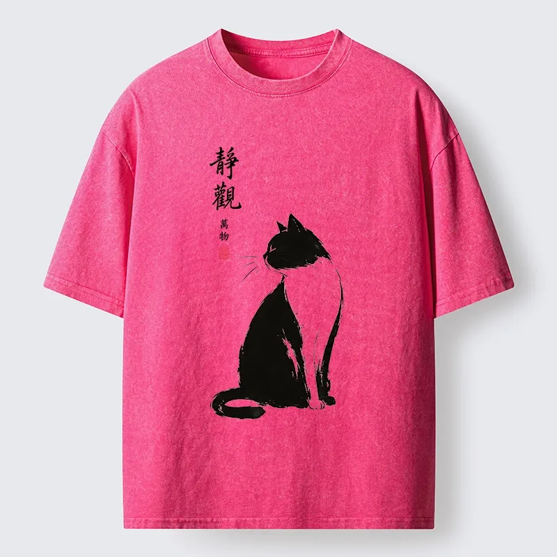 Tokyo-Tiger Calm Black And White Cat Washed T-Shirt