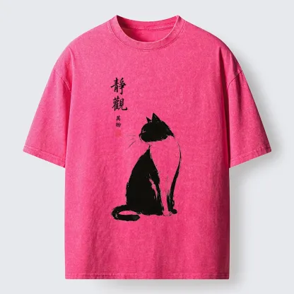 Tokyo-Tiger Calm Black And White Cat Washed T-Shirt