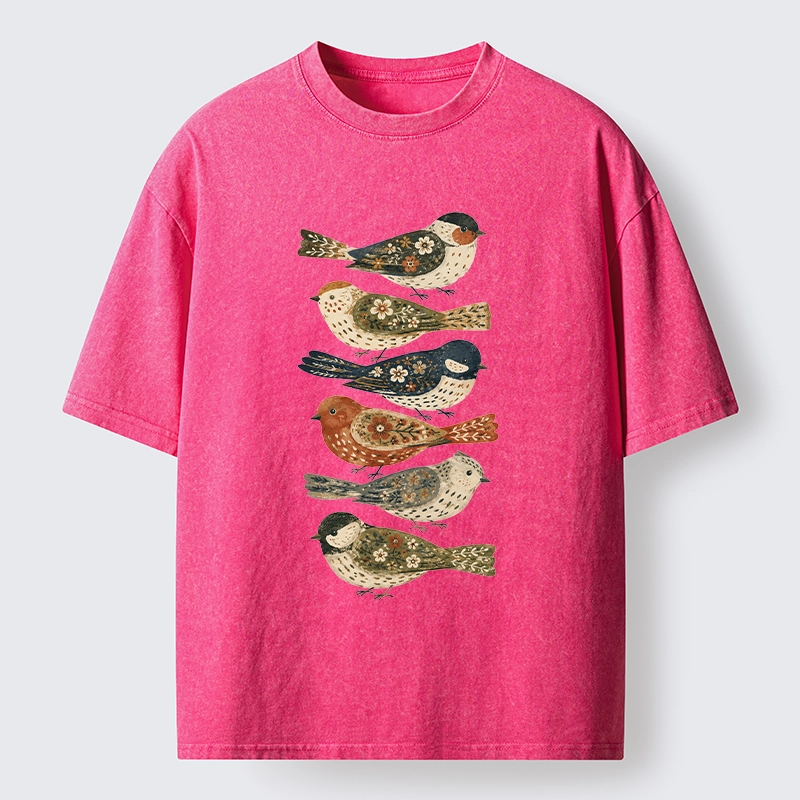Tokyo-Tiger Colorful Folk Birds In Earthy Tones Washed T-Shirt
