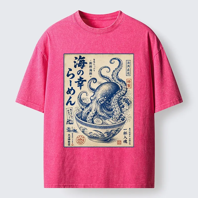 Tokyo-Tiger Vintage Octopus Ramen Japanese Poster Washed T-Shirt