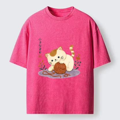 Tokyo-Tiger Cute Watercolor Cat Playing With Yarn Washed T-Shirt