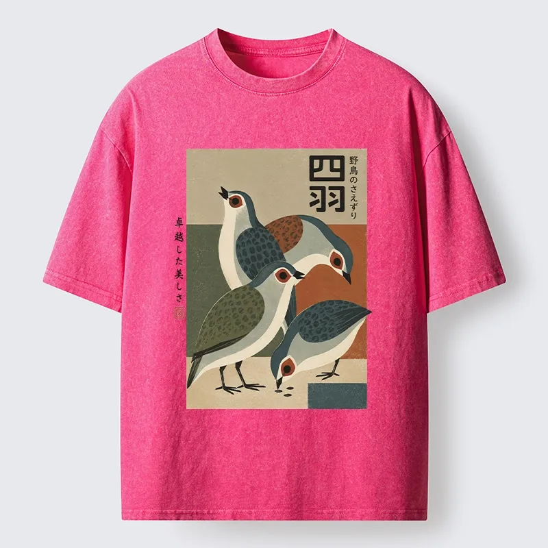 Tokyo-Tiger Four Birds In Vintage Japanese Style Washed T-Shirt