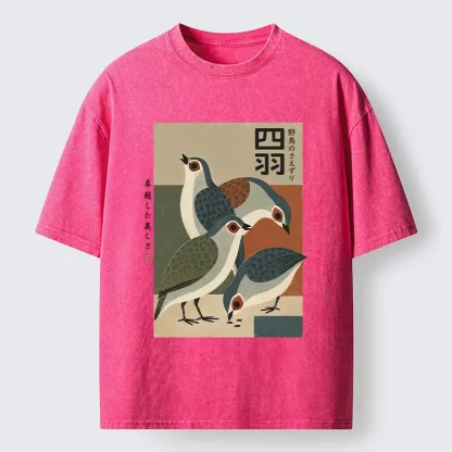 Tokyo-Tiger Four Birds In Vintage Japanese Style Washed T-Shirt