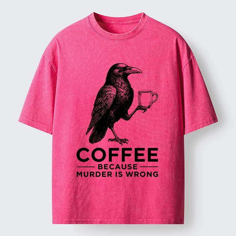Tokyo-Tiger Raven Holding Coffee Life Mood Washed T-Shirt