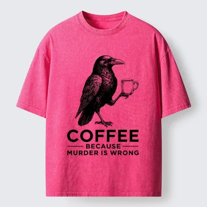 Tokyo-Tiger Raven Holding Coffee Life Mood Washed T-Shirt