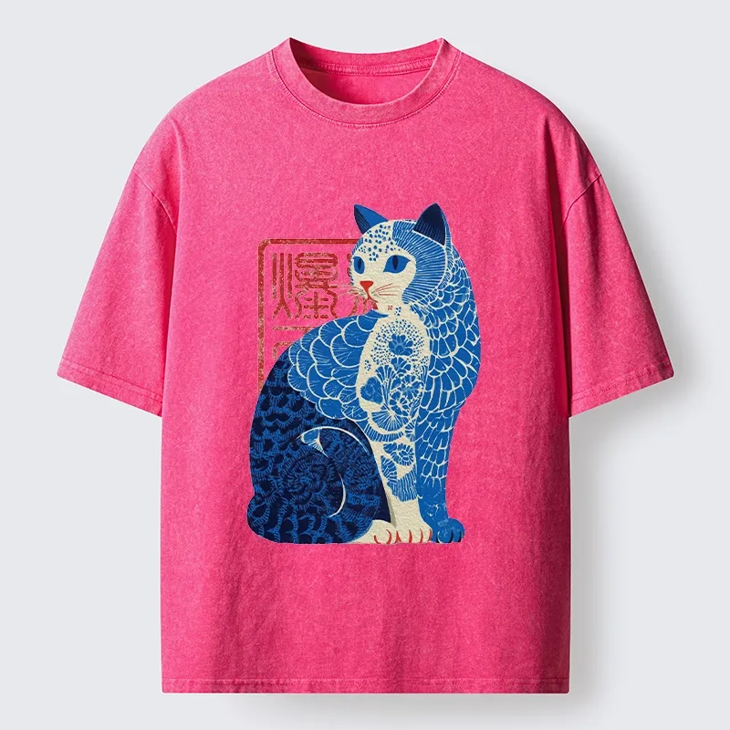 Tokyo-Tiger Blue And White Cat Print Art Washed T-Shirt