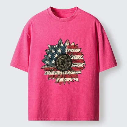 Tokyo-Tiger American Flag Sunflower Art Print Washed T-Shirt