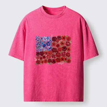 Tokyo-Tiger Floral American Flag Watercolor Art Washed T-Shirt